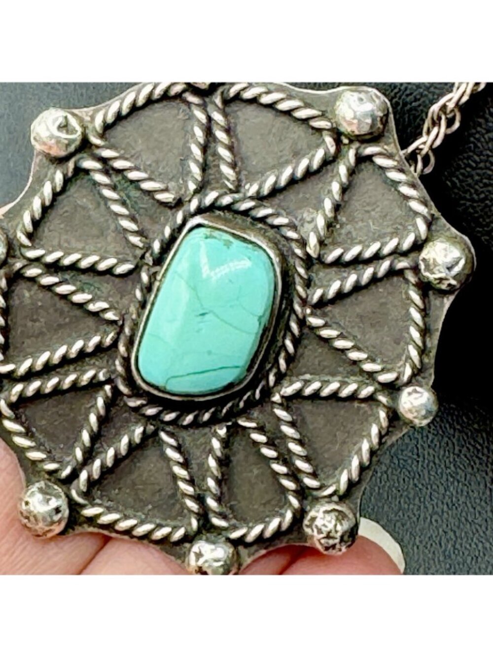 Southwestern Sterling Turquoise Spider Web Pendant Necklace Vintage 32g 28" - Picture 6 of 16